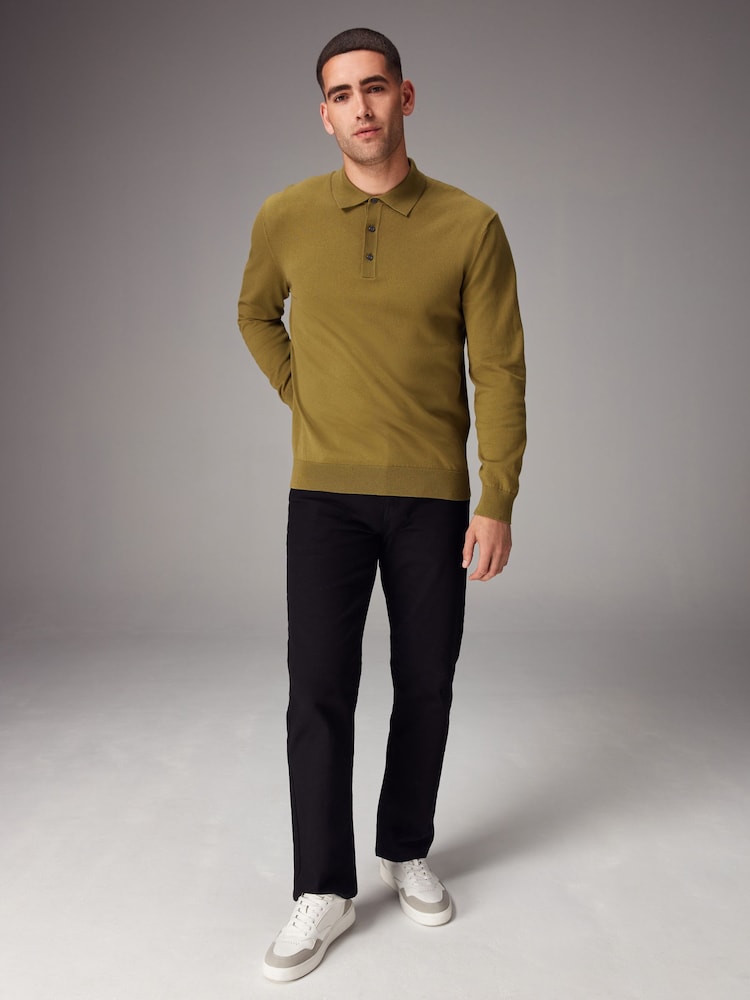 Green Olive Regular Fit Knitted Long Sleeve Polo Shirt - Image 2 of 7