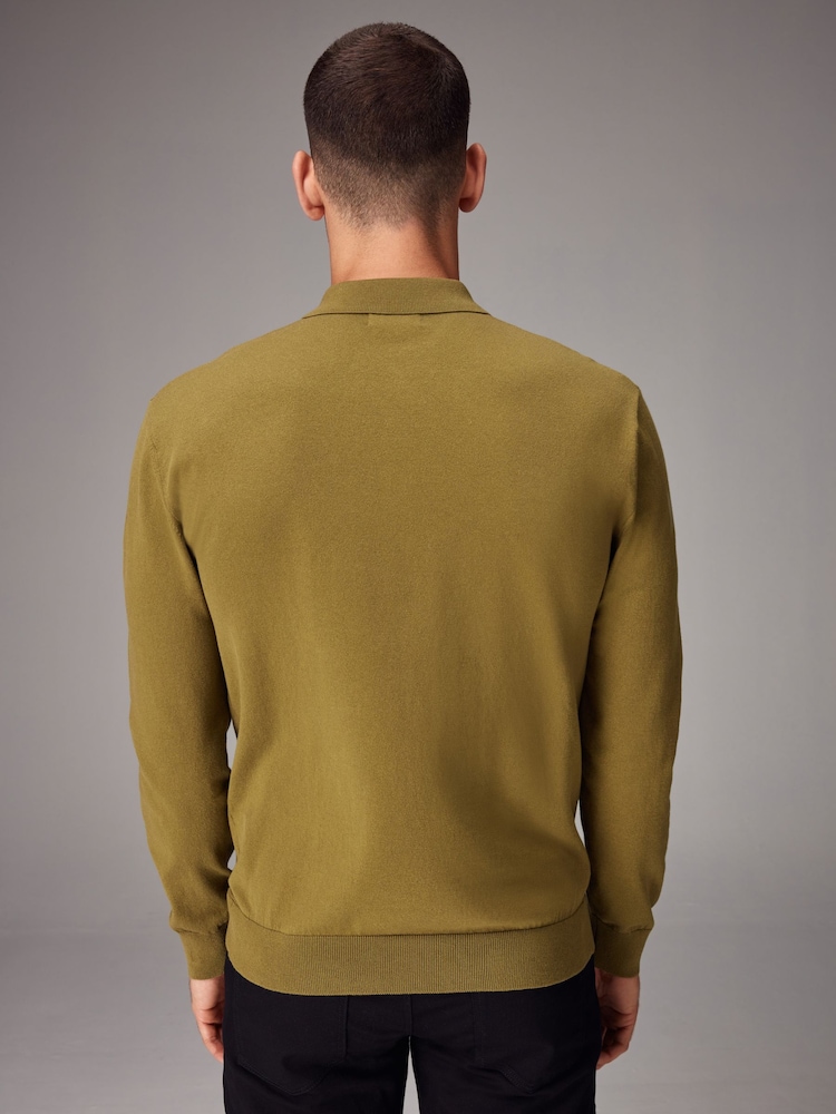 Green Olive Regular Fit Knitted Long Sleeve Polo Shirt - Image 3 of 7