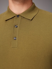 Green Olive Regular Fit Knitted Long Sleeve Polo Shirt - Image 4 of 7