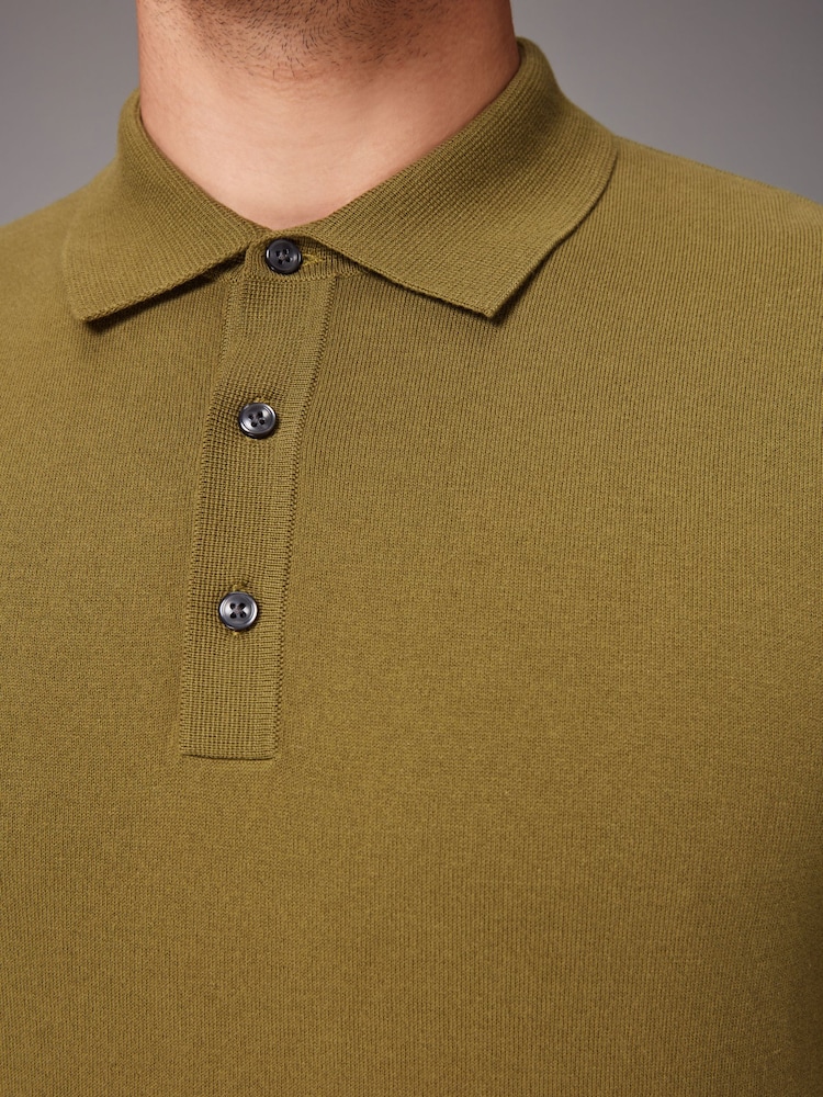 Green Olive Regular Fit Knitted Long Sleeve Polo Shirt - Image 4 of 7