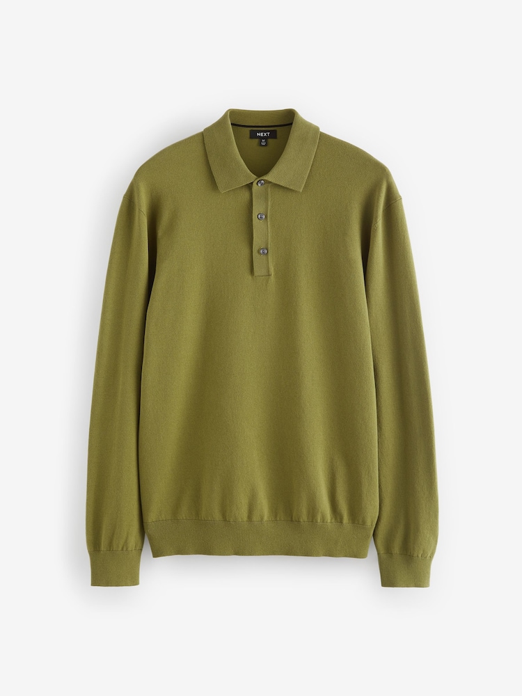 Green Olive Regular Fit Knitted Long Sleeve Polo Shirt - Image 5 of 7