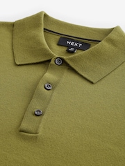 Green Olive Regular Fit Knitted Long Sleeve Polo Shirt - Image 6 of 7