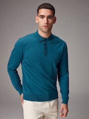 Blue Turquoise Regular Fit Knitted Long Sleeve Polo Shirt - Image 1 of 8