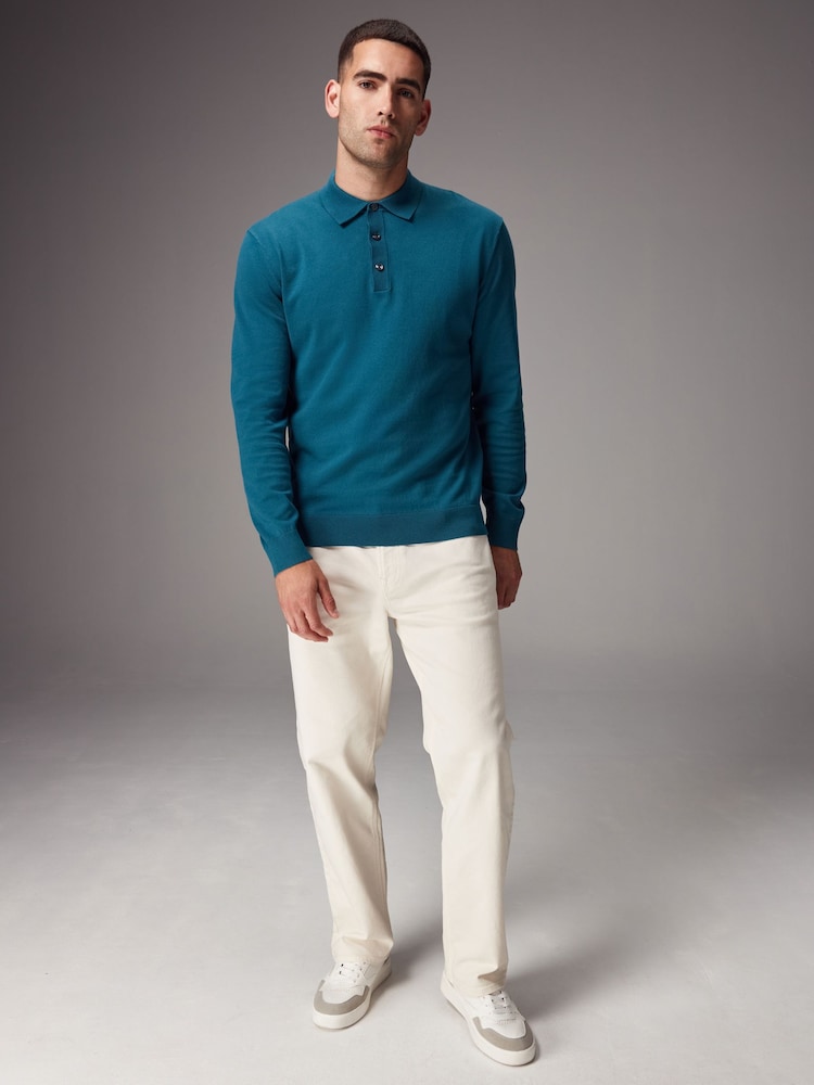 Blue Turquoise Regular Fit Knitted Long Sleeve Polo Shirt - Image 2 of 8
