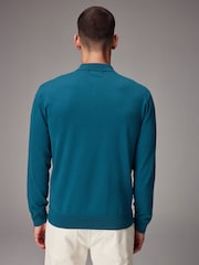 Blue Turquoise Regular Fit Knitted Long Sleeve Polo Shirt - Image 3 of 8