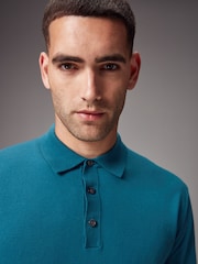 Blue Turquoise Regular Fit Knitted Long Sleeve Polo Shirt - Image 4 of 8