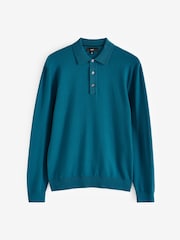 Blue Turquoise Regular Fit Knitted Long Sleeve Polo Shirt - Image 6 of 8