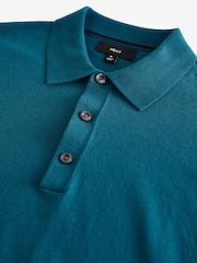 Blue Turquoise Regular Fit Knitted Long Sleeve Polo Shirt - Image 7 of 8