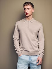 Neutral Knitted Long Sleeve Quarter Zip Polo Shirt - Image 1 of 7