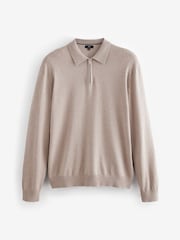 Neutral Knitted Long Sleeve Quarter Zip Polo Shirt - Image 5 of 7