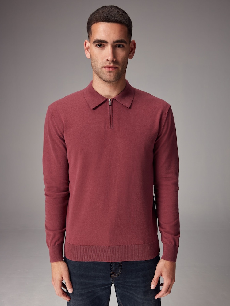 Mauve vijolična - Pleteni dolg rokav; z dolgimi rokavi Quarter Zip polo majice - Slika 1 iz 8