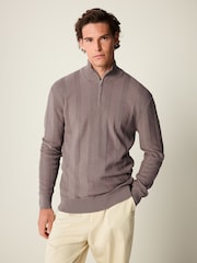 Dark Brown Texture 100% Cotton Regular Fit Quarter Zip Jumper - Image 1 of 7