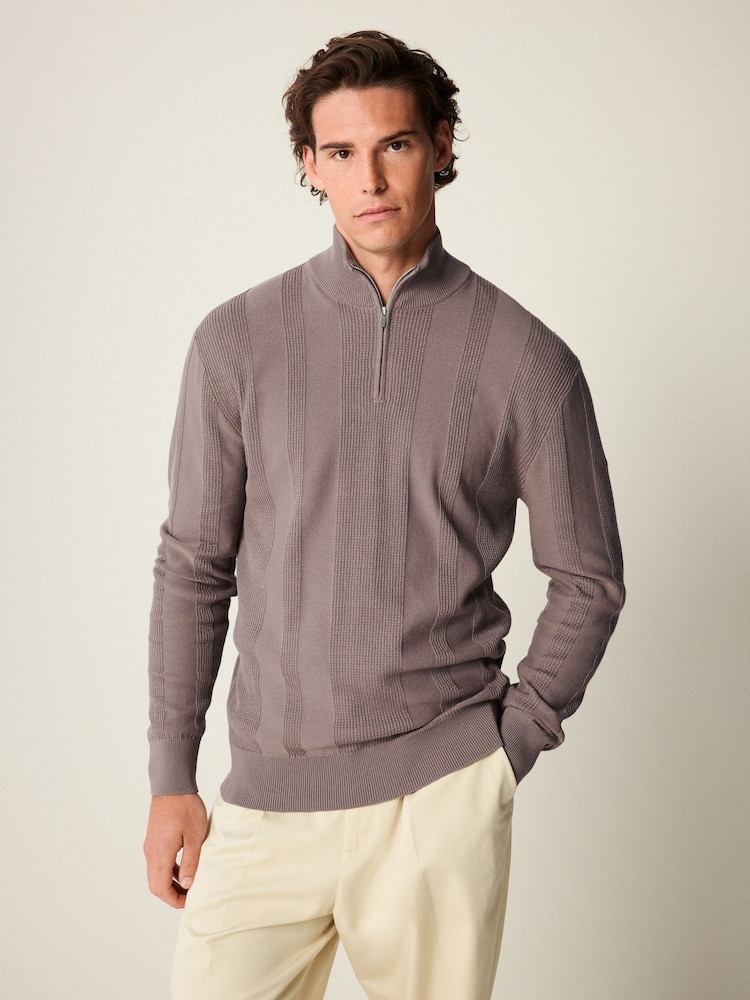 Dark Brown Texture 100% Cotton Regular Fit Quarter Zip Jumper - Image 1 of 7