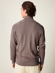 Dark Brown Texture 100% Cotton Regular Fit Quarter Zip Jumper - Image 3 of 7