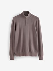Dark Brown Texture 100% Cotton Regular Fit Quarter Zip Jumper - Image 5 of 7