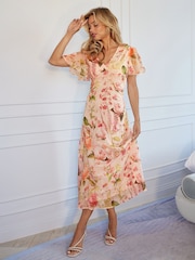 Lipsy Pink Flutter Sleeve Floral Chiffon Midi Dress - Image 1 of 5