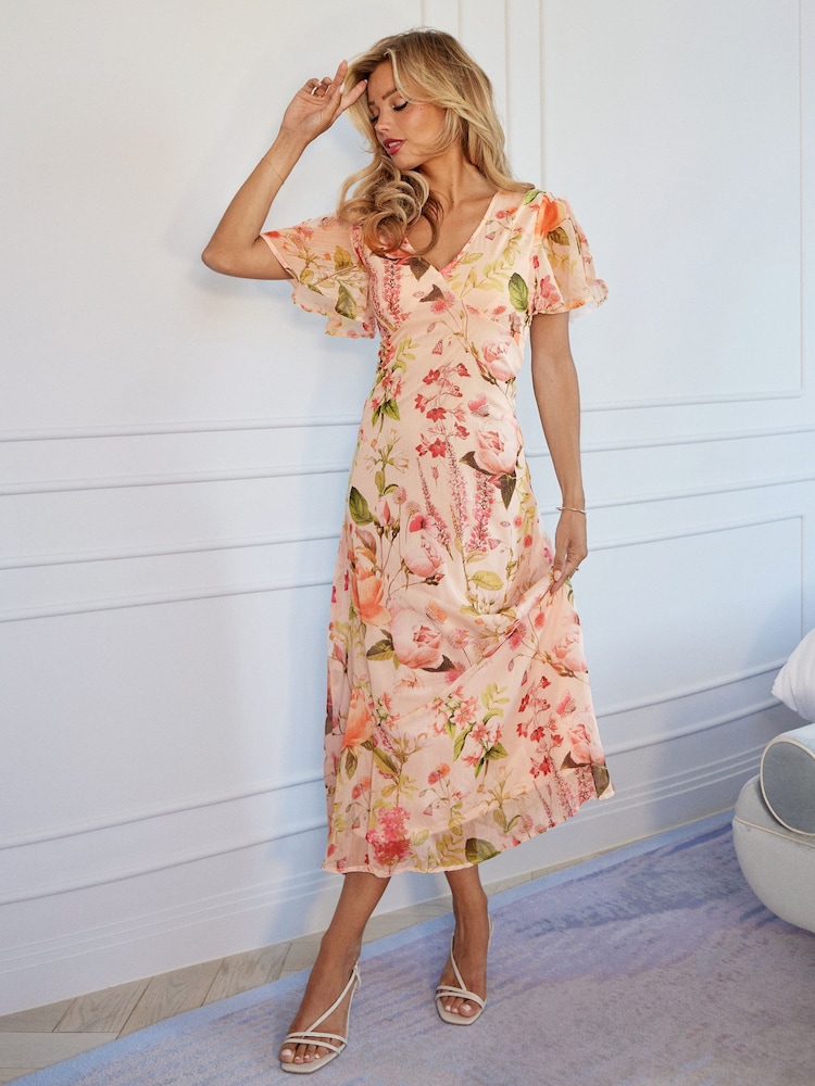 Lipsy Pink Flutter Sleeve Floral Chiffon Midi Dress - Image 1 of 5