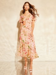 Lipsy Pink Flutter Sleeve Floral Chiffon Midi Dress - Image 2 of 5