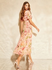 Lipsy Pink Flutter Sleeve Floral Chiffon Midi Dress - Image 3 of 5