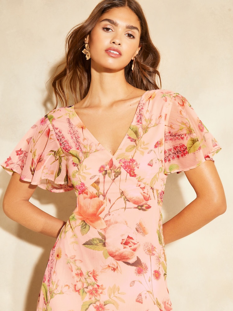 Lipsy Pink Flutter Sleeve Floral Chiffon Midi Dress - Image 5 of 5