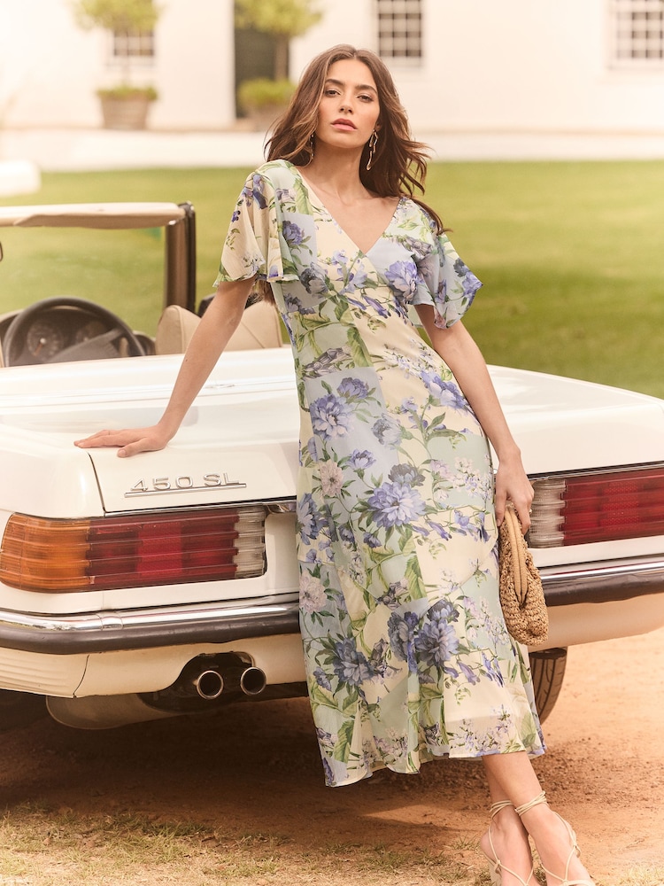 Lipsy Blue Flutter Sleeve Floral Chiffon Midi Dress - Image 1 of 4 Lipsy Blue Flutter Sleeve Floral Chiffon Midi Dress - Image 1 of 4