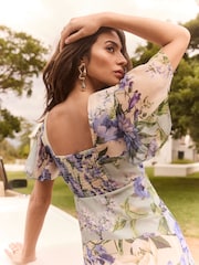 Lipsy Blue Flutter Sleeve Floral Chiffon Midi Dress - Image 2 of 4