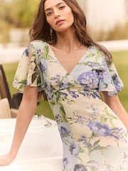 Lipsy Blue Flutter Sleeve Floral Chiffon Midi Dress - Image 3 of 4