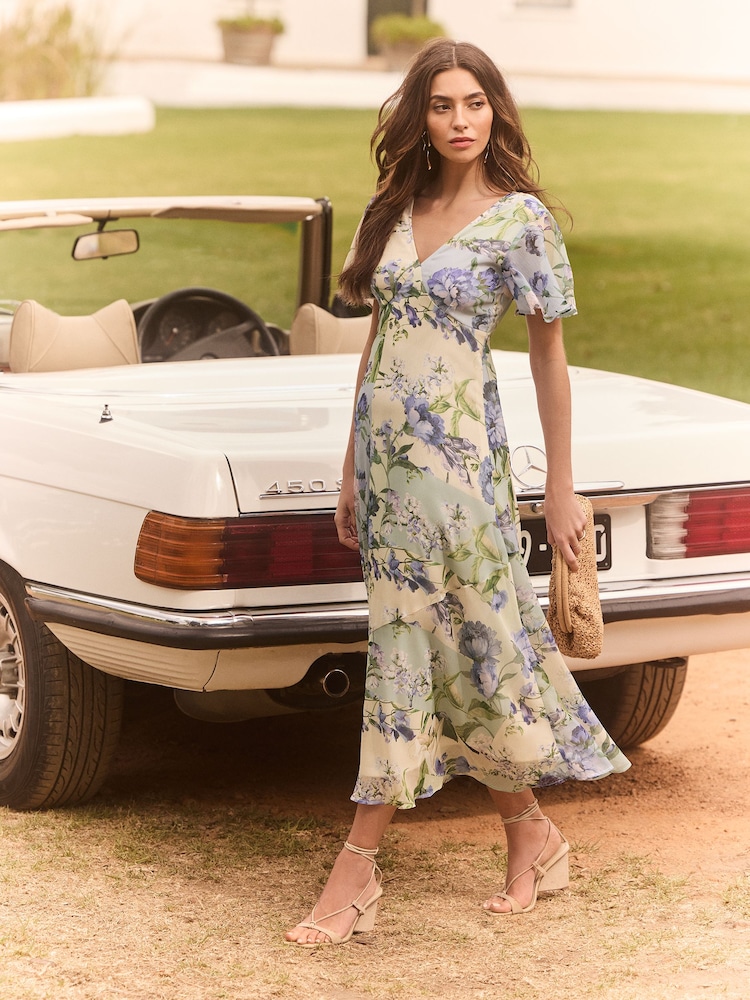 Lipsy Blue Flutter Sleeve Floral Chiffon Midi Dress - Image 4 of 4 Lipsy Blue Flutter Sleeve Floral Chiffon Midi Dress - Image 4 of 4