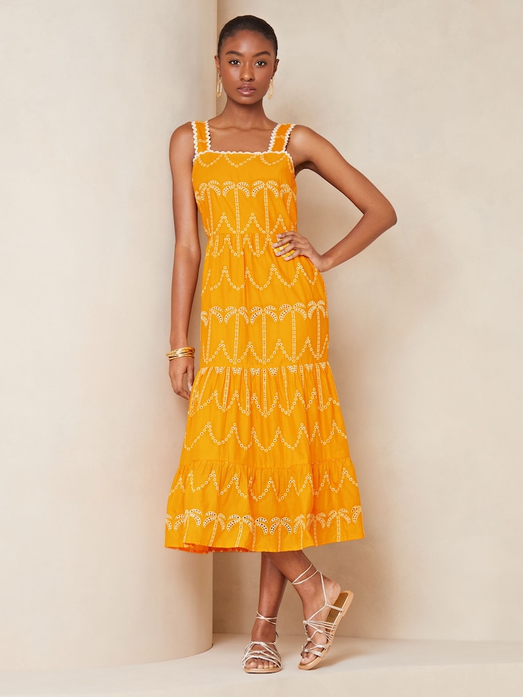 Lipsy Yellow Palm Broderie Tiered Summer Holiday Midi Dress - Image 1 of 4