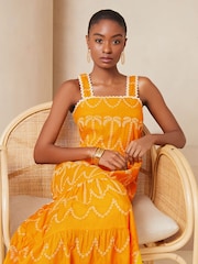 Lipsy Yellow Palm Broderie Tiered Summer Holiday Midi Dress - Image 3 of 4