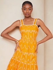 Lipsy Yellow Palm Broderie Tiered Summer Holiday Midi Dress - Image 4 of 4