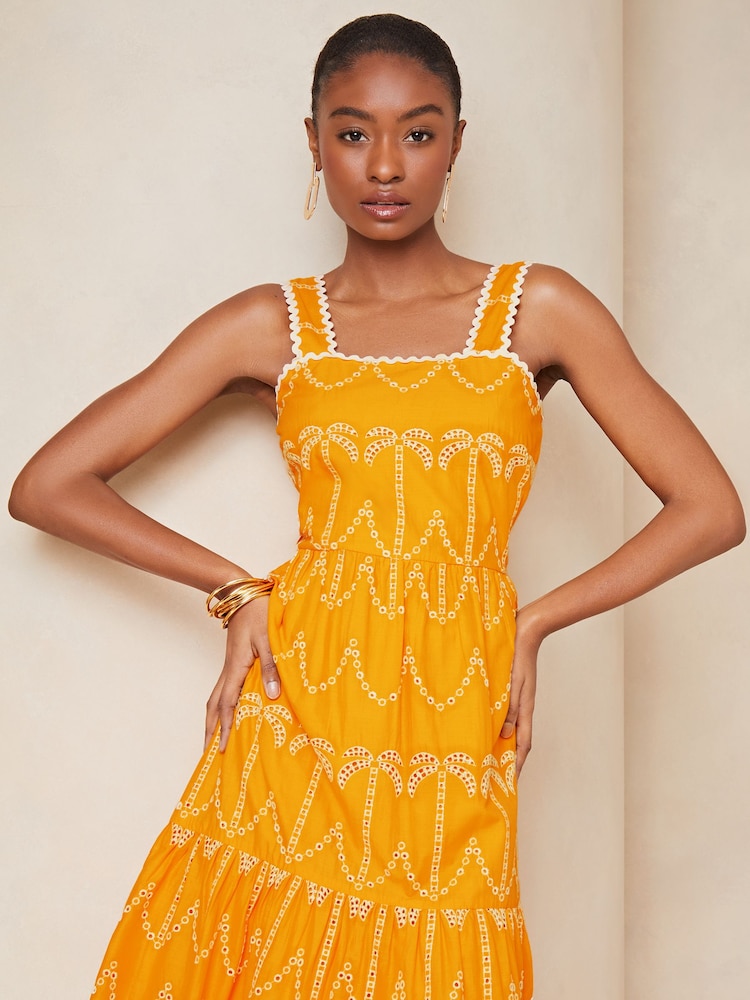 Lipsy Yellow Palm Broderie Tiered Summer Holiday Midi Dress - Image 4 of 4