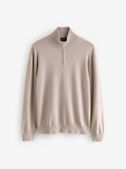 Neutral Plain 100% Cotton Regular Fit Quarter Zip Jumper - Image 4 of 6