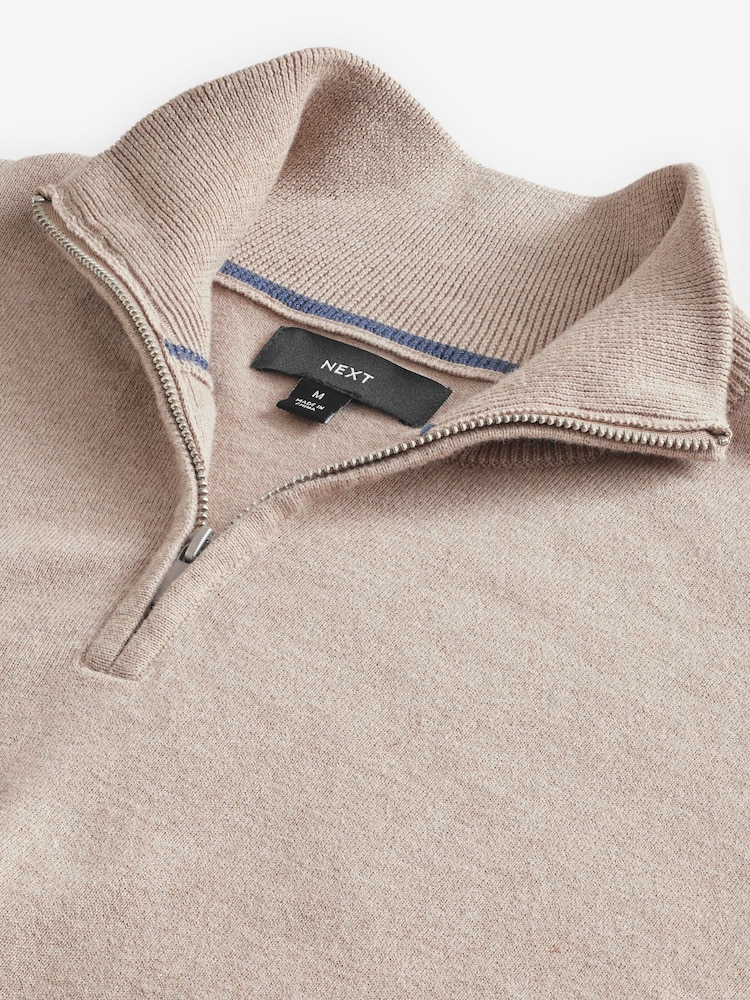 Buy Neutral Plain 100% Cotton Regular Fit Quarter Zip Jumper from