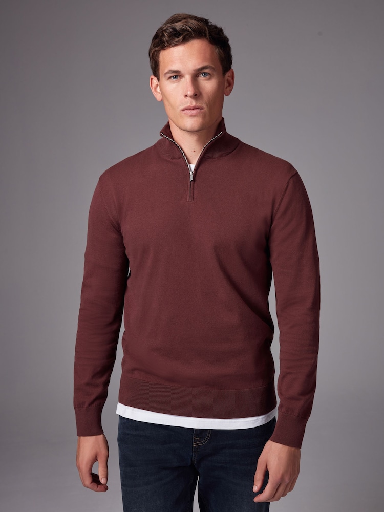 Rot/Braun - Einfarbig - Pullover mit Viertelreißverschluss aus 100 % Baumwolle in normaler Passform - Bild 1 von 8