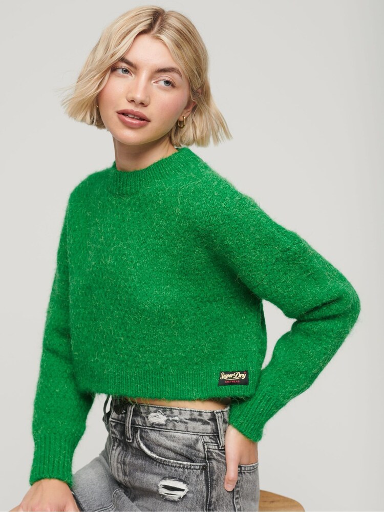 Superdry Green Vintage Textured Crop Knit Jumper - Image 1 of 4