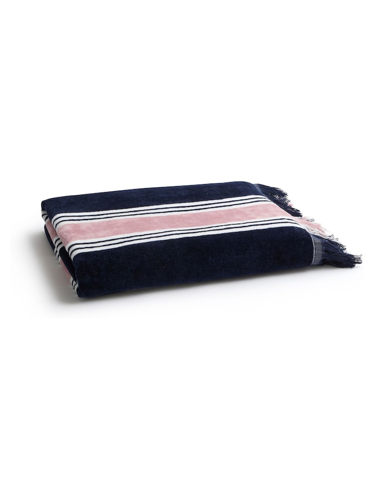 Christy Navy Blue College Stripe Fringed Beach Towel - Image 1 of 3