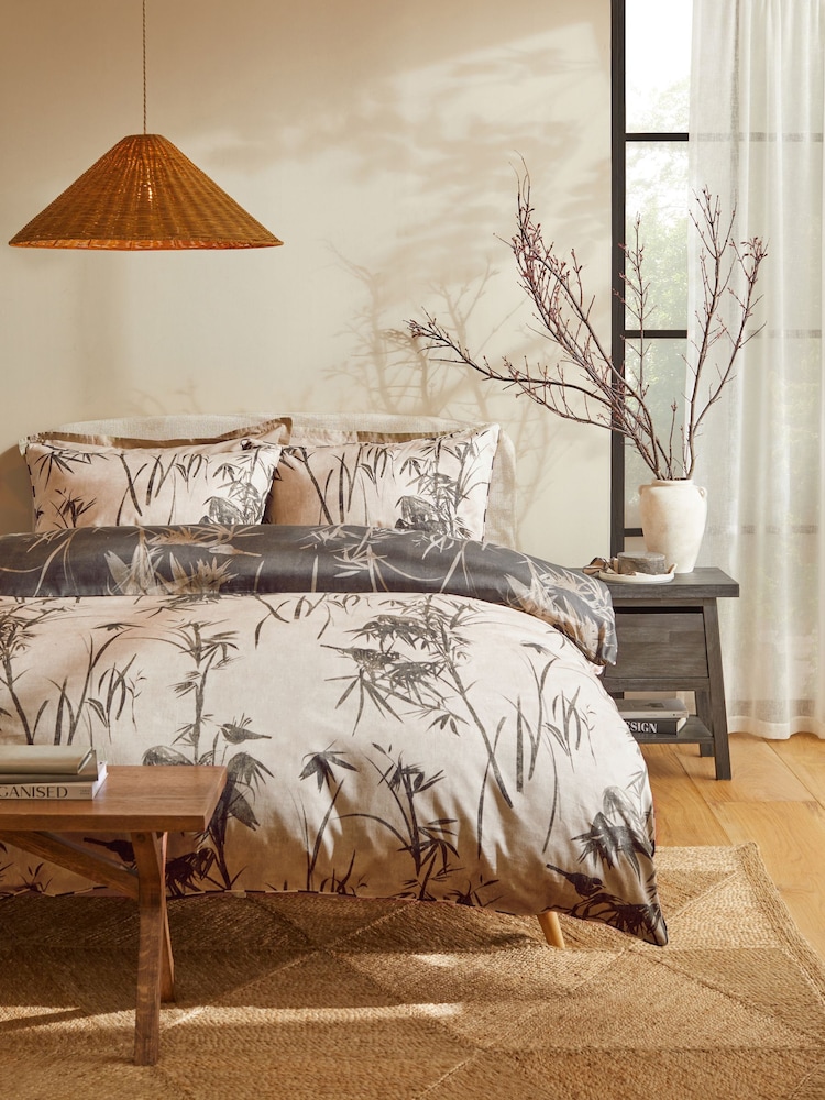 Monochrome 200 Thread Count 100% Cotton Oriental Leaf Duvet Cover and Pillowcase Set - Image 1 of 7