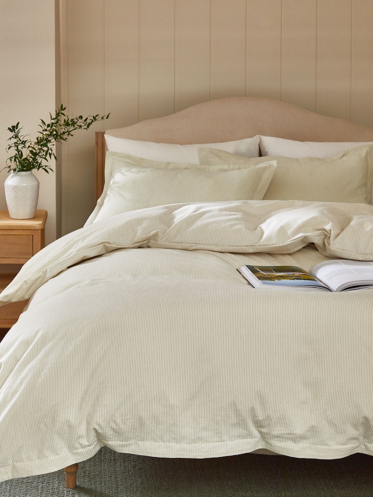 White Brushed 100% Cotton Stripe Duvet Cover and Pillowcase Set - Image 1 of 3