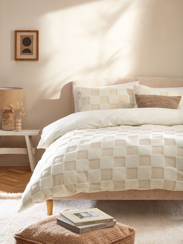 Cream Cosy Borg Checkerboard Fleece Duvet Cover and Pillowcase Set - Image 1 of 4