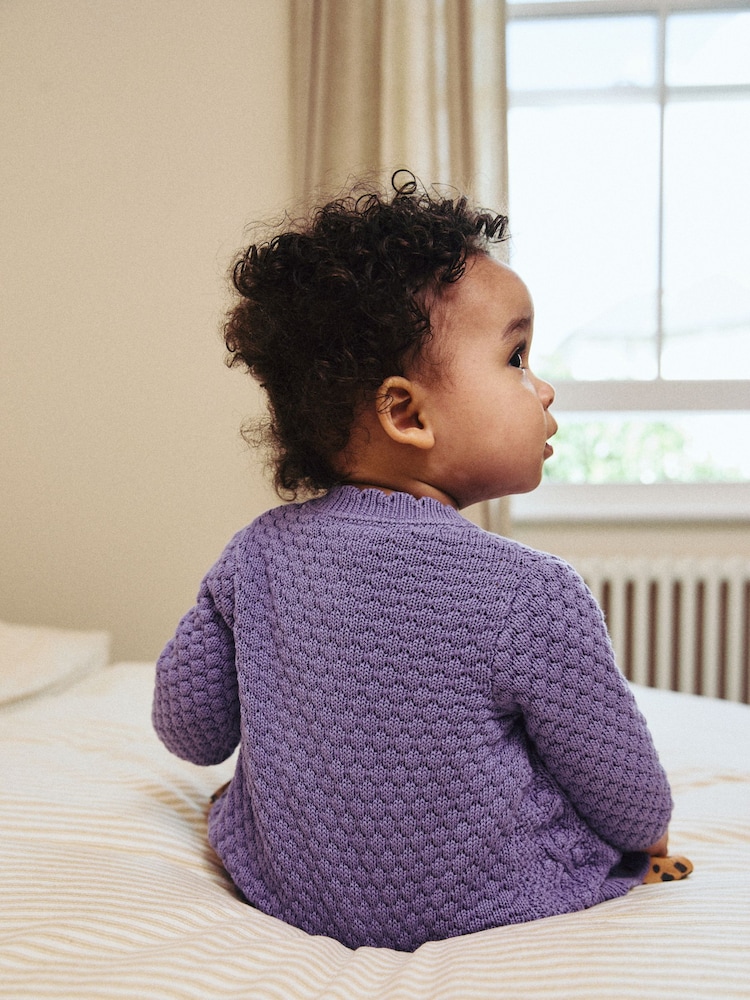 Purple Baby Knitted Bobble 100% Cotton Cardigan (0mths-2yrs) - Image 2 of 10