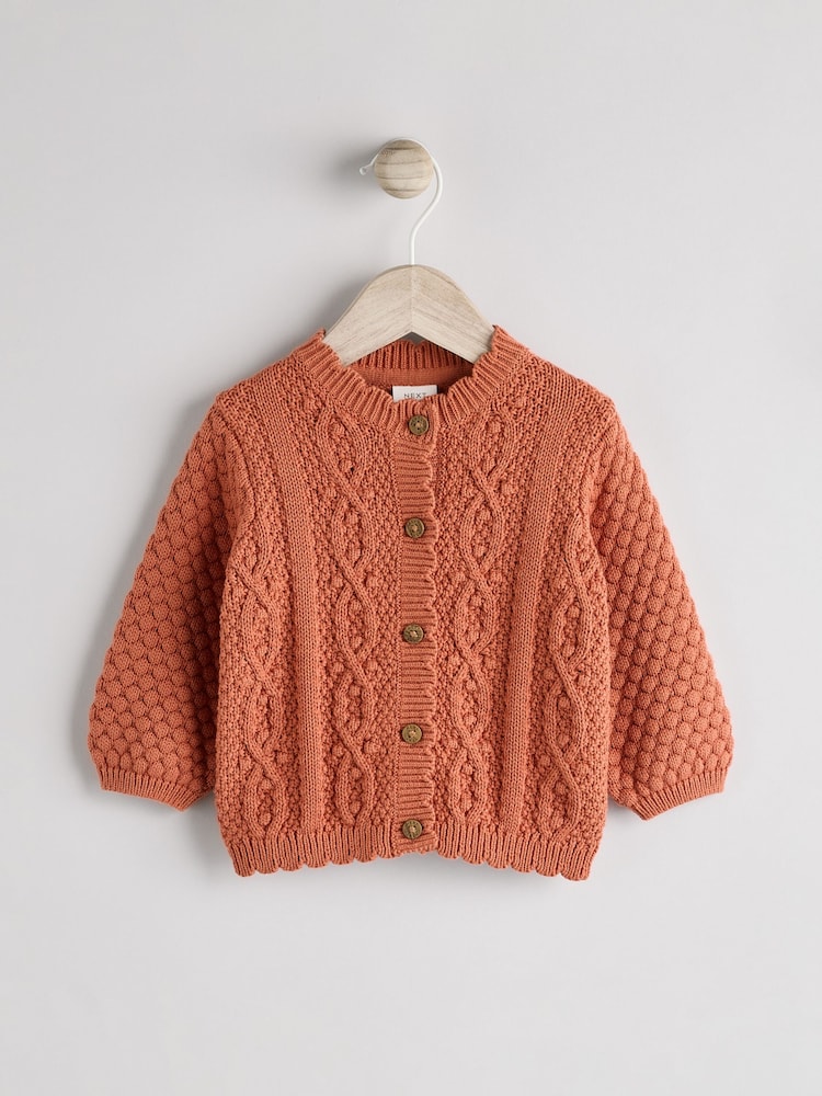 Rust Brown Baby Knitted Bobble 100% Cotton Cardigan (0mths-2yrs) - Image 1 of 7