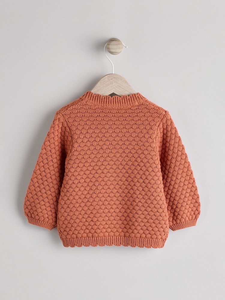 Rust Brown Baby Knitted Bobble 100% Cotton Cardigan (0mths-2yrs) - Image 2 of 7