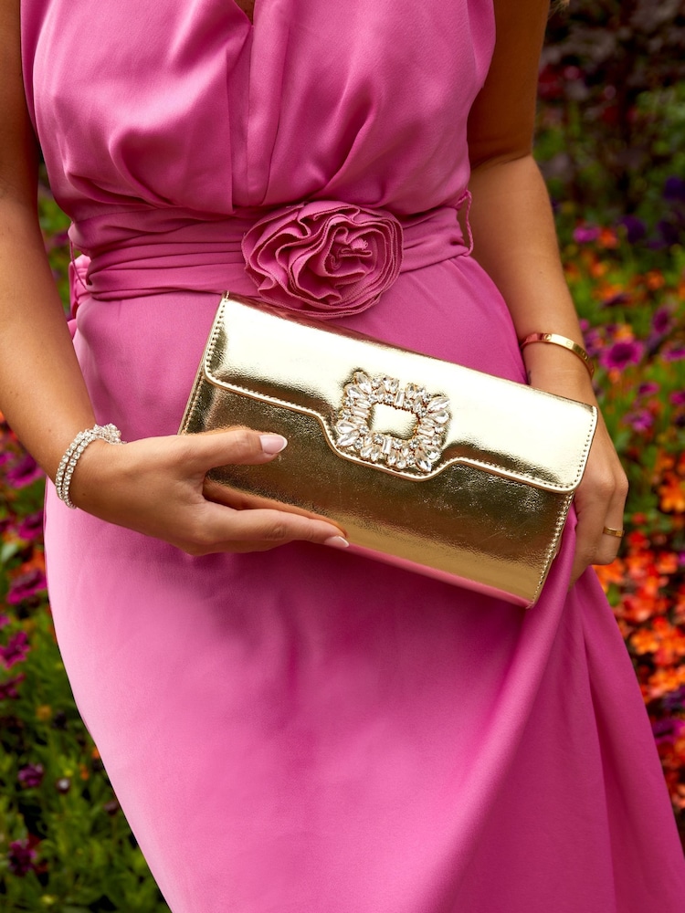 Linzi Gold Wonder Satin Diamante Clutch Bag - Image 1 of 2