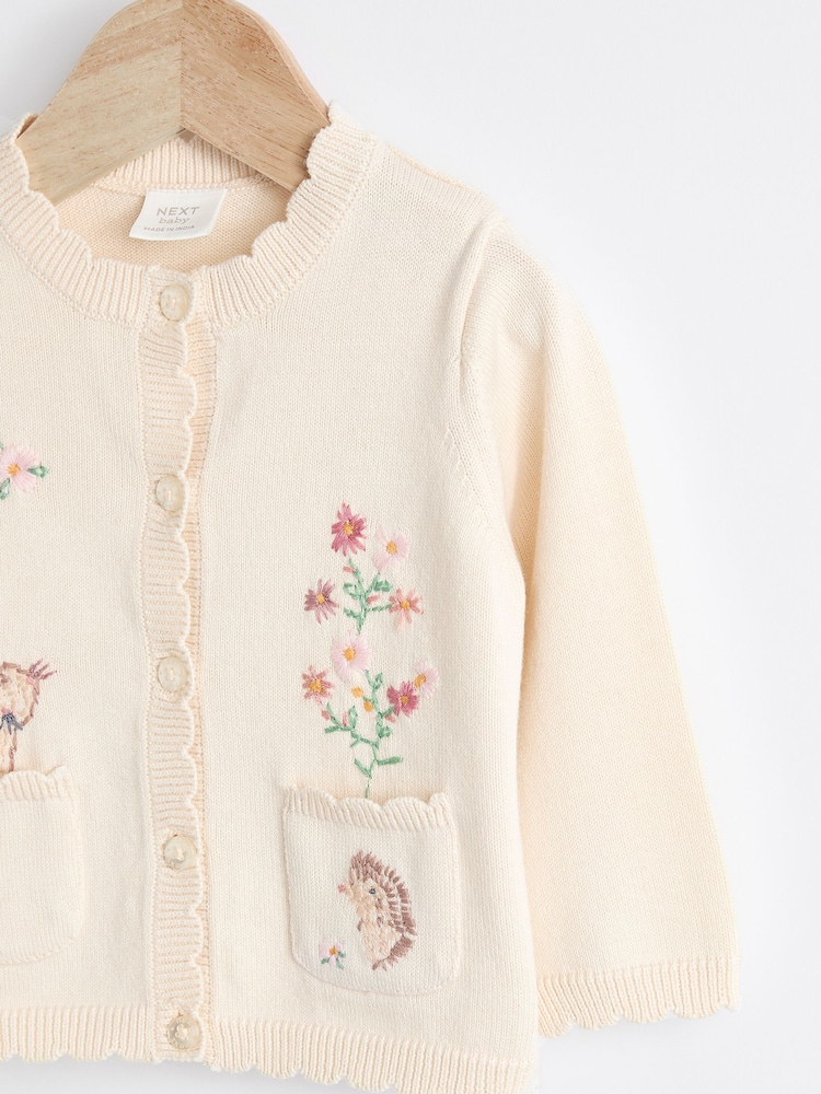 Cream Bunny 100% Cotton Pointelle Knitted Floral Flower Baby Cardigan (0mths-3yrs) - Image 3 of 6