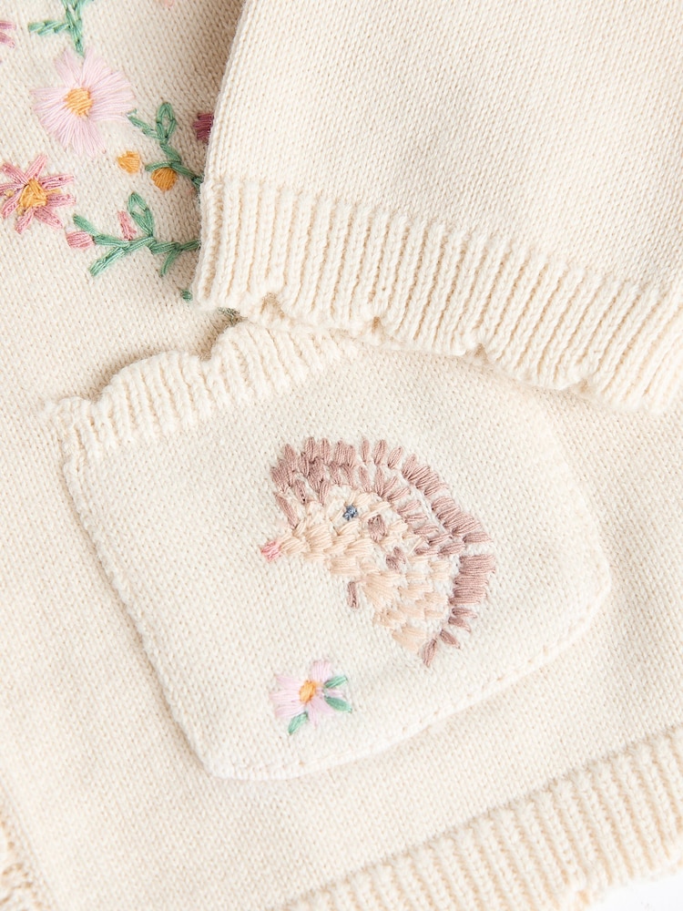 Cream Bunny 100% Cotton Pointelle Knitted Floral Flower Baby Cardigan (0mths-3yrs) - Image 4 of 6