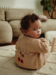 Tan Brown Baby Back Slogan Embroidered Knitted 100% Cotton Cardigan (0mths-2yrs) - Image 1 of 11