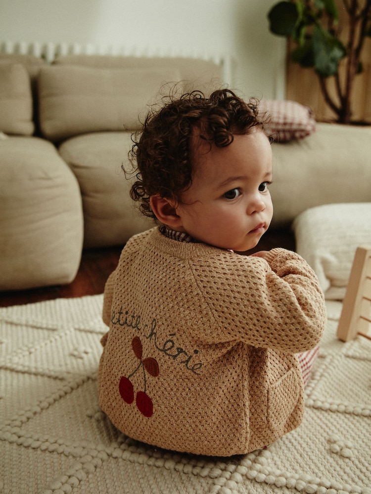 Tan Brown Baby Back Slogan Embroidered Knitted 100% Cotton Cardigan (0mths-2yrs) - Image 1 of 11 Tan Brown Baby Back Slogan Embroidered Knitted 100% Cotton Cardigan (0mths-2yrs) - Image 1 of 11