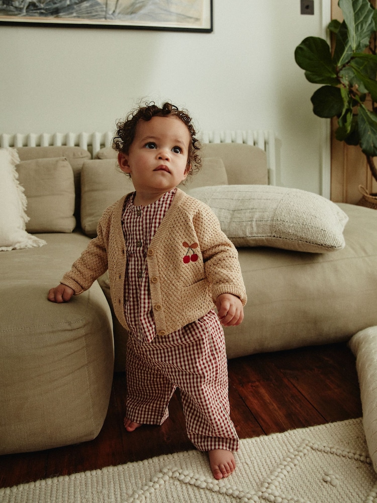 Tan Brown Baby Back Slogan Embroidered Knitted 100% Cotton Cardigan (0mths-2yrs) - Image 2 of 11 Tan Brown Baby Back Slogan Embroidered Knitted 100% Cotton Cardigan (0mths-2yrs) - Image 2 of 11