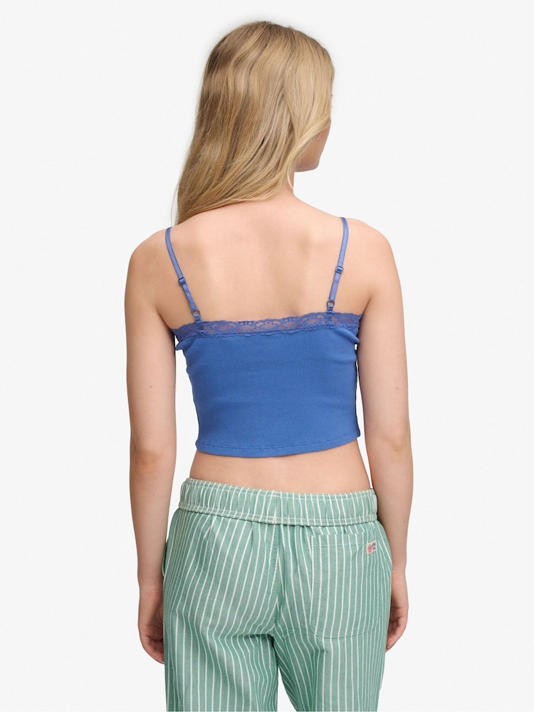SUPERDRY Blue Essential Lace Trim Cropped Cami Top - Image 2 of 5 SUPERDRY Blue Essential Lace Trim Cropped Cami Top - Image 2 of 5